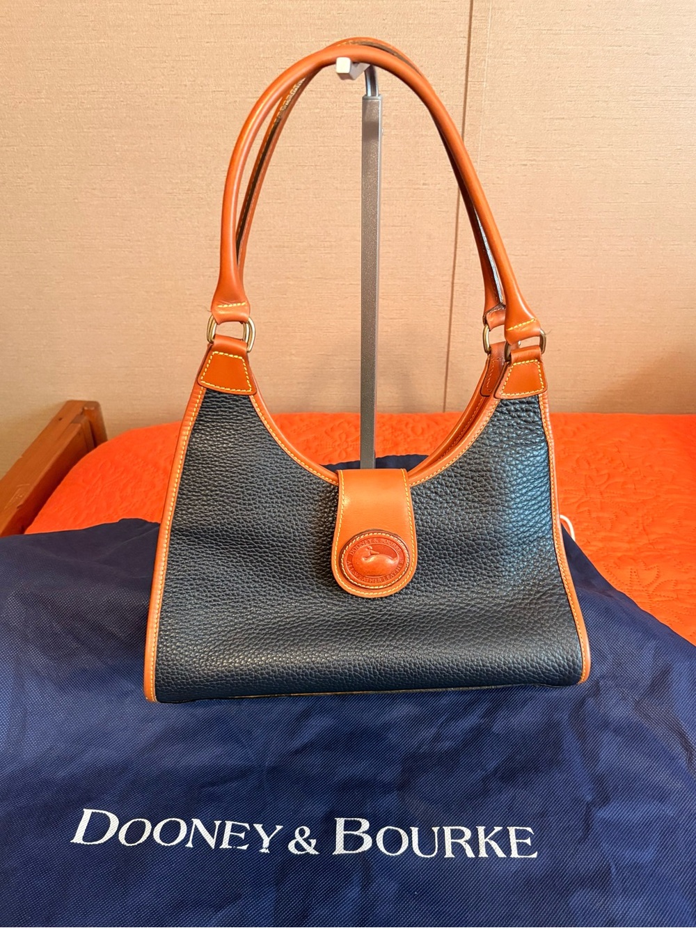 Dooney & Bourke Black Pebble Leather Shoulder Bag with Tan Trim